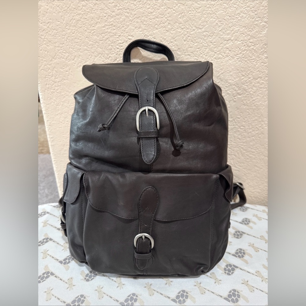 London‎ Fog Leather Backpack Brown Drawstring Flap Buckle Pockets Travel Bag